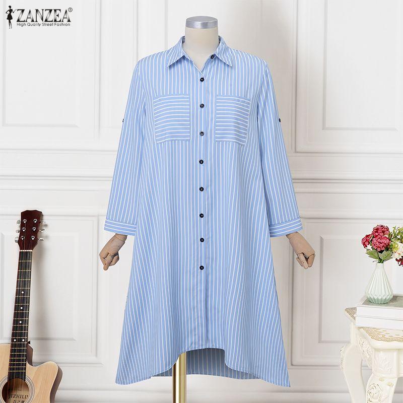 ZANZEA Women Casual Adjustable Long Sleeve Loose Lapel Collar Stripe Shirt Dress