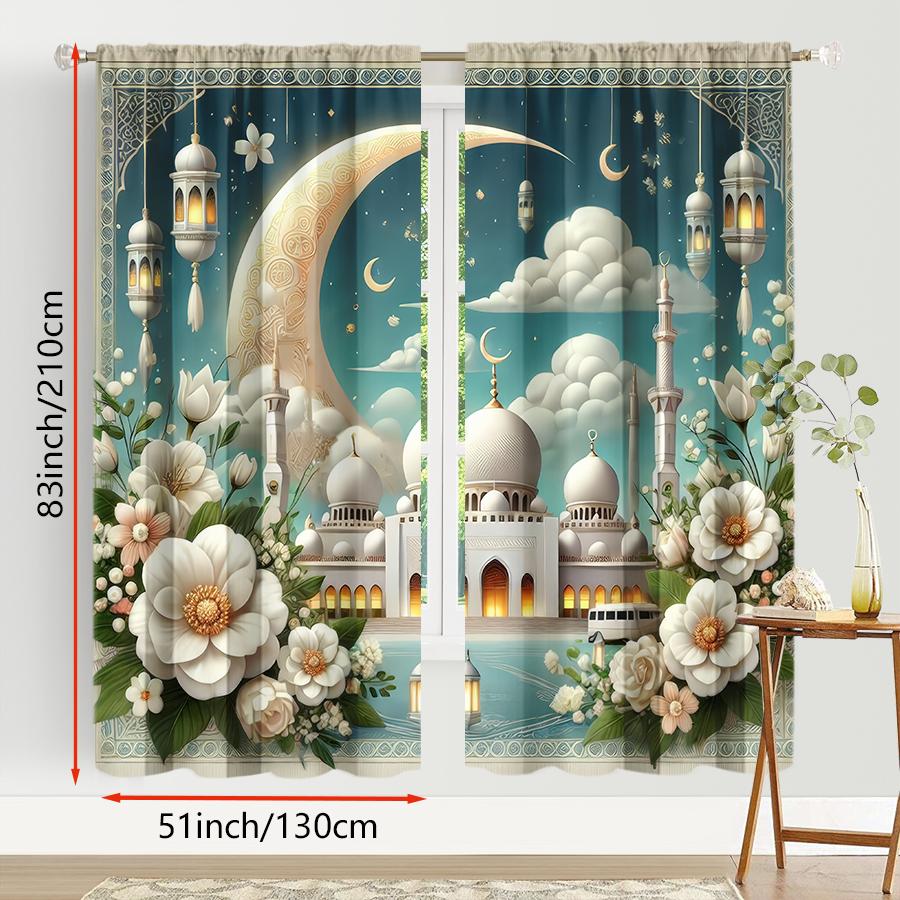 Set Of 2 Blues Islamic Temple Flower Curtains Dreamy Soft Style Bedroom Living Room Drawbar Pocket Decorative Made Polyester Window Treatment