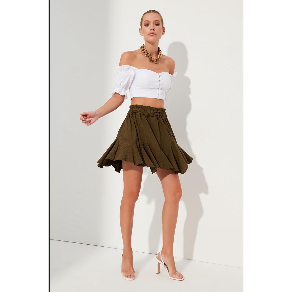 Schwarzer Rock mit Rüschen und normaler Taille, Mini-Strickrock aus Krepp Twoss21et0056