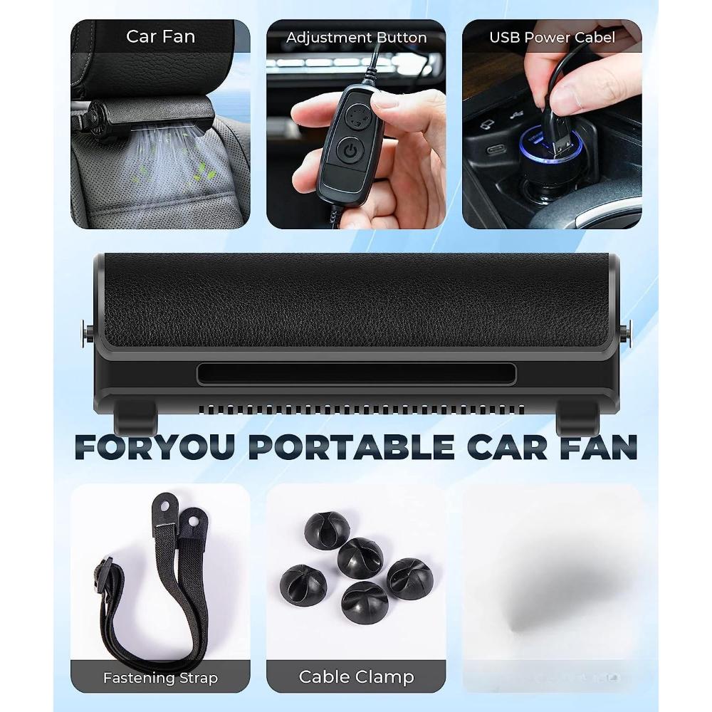 Ventilador para asiento de automóvil, ventilador de enfriamiento para asiento de automóvil con ventilador de automóvil portátil eléctrico de 3 velocidades, ventilador de aire de enfriamiento fuerte alimentado por USB, correa ajustable para SUV