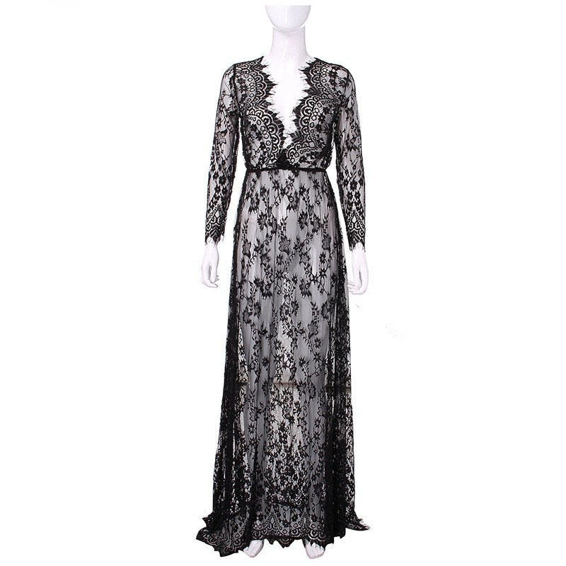 Women's V Neck Long Sleeve Maxi Dress Straight Fit Mid Rise Sheer Lace Sexy Night Gown