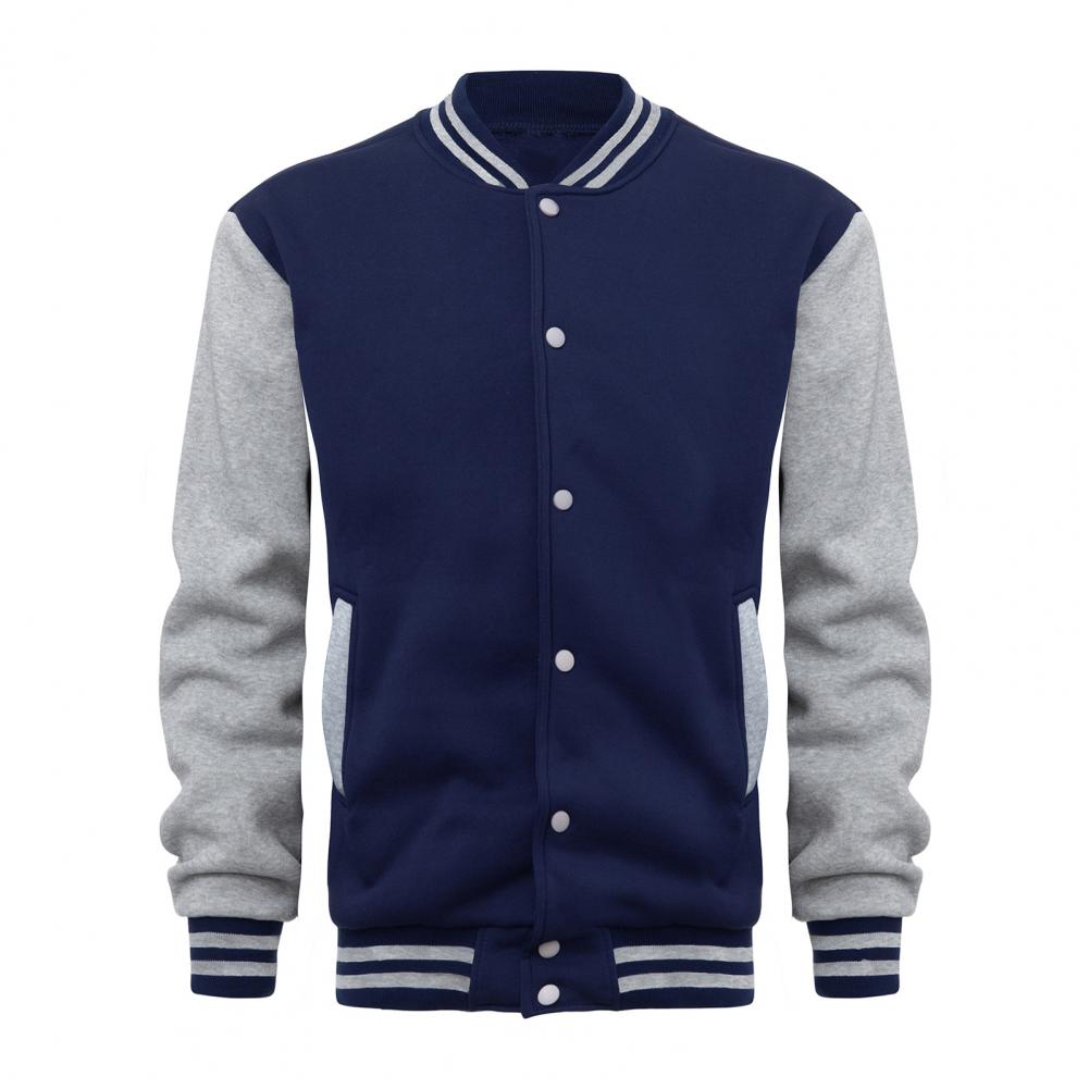 Men Baseball Jacket Stand Collar Long Sleeve Buttons Closure Patchwork Color Coat with Pockets Autumn Winter Fleece Lining Casua