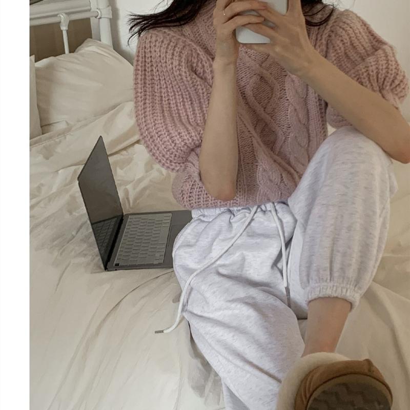 Korean Fashion Twist Crew Neck Short Sleeve Sweater Retro Women Puff Sleeve Sweet Tops Elegant Loose Casual Simple Solid Color Office Sweaters