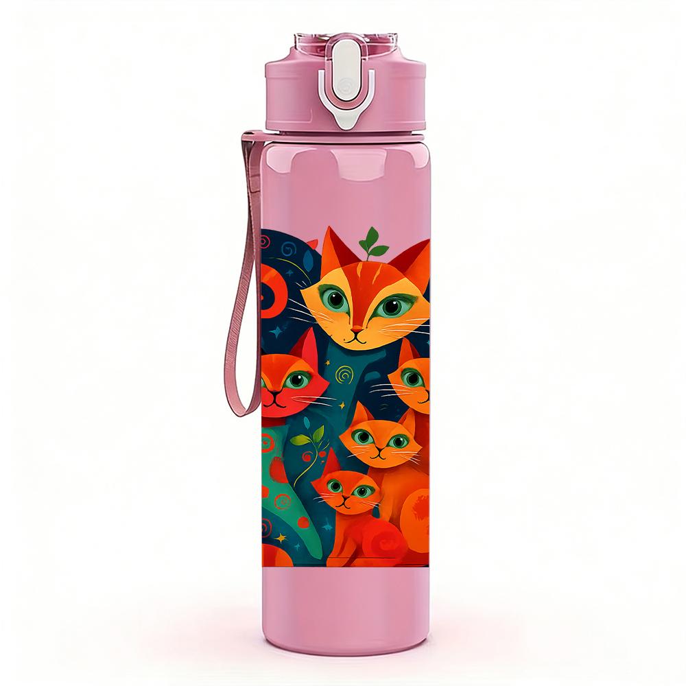 1PC Multicolor Stacked Cat Group 750ml Color Plastic Sports Water Bottle Leakproof Flip Straw Lid For Sports Office Home Use
