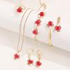5Pcs Jewelry Sets Shining Zircon Spiral Flower Red Bead Faux Pearl Necklace Earrings Ring Bangle Bracelet Set for Women Banquet
