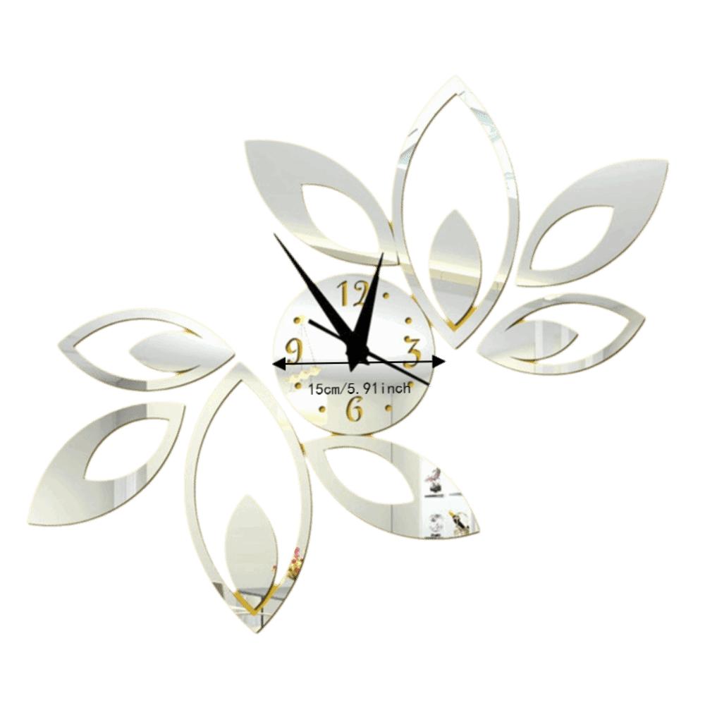Hollow Floral Design Mirror Wall Clock Leaf Shape Silver DIY Wall Clock Sticker Clock Movement Included Removable Sticker