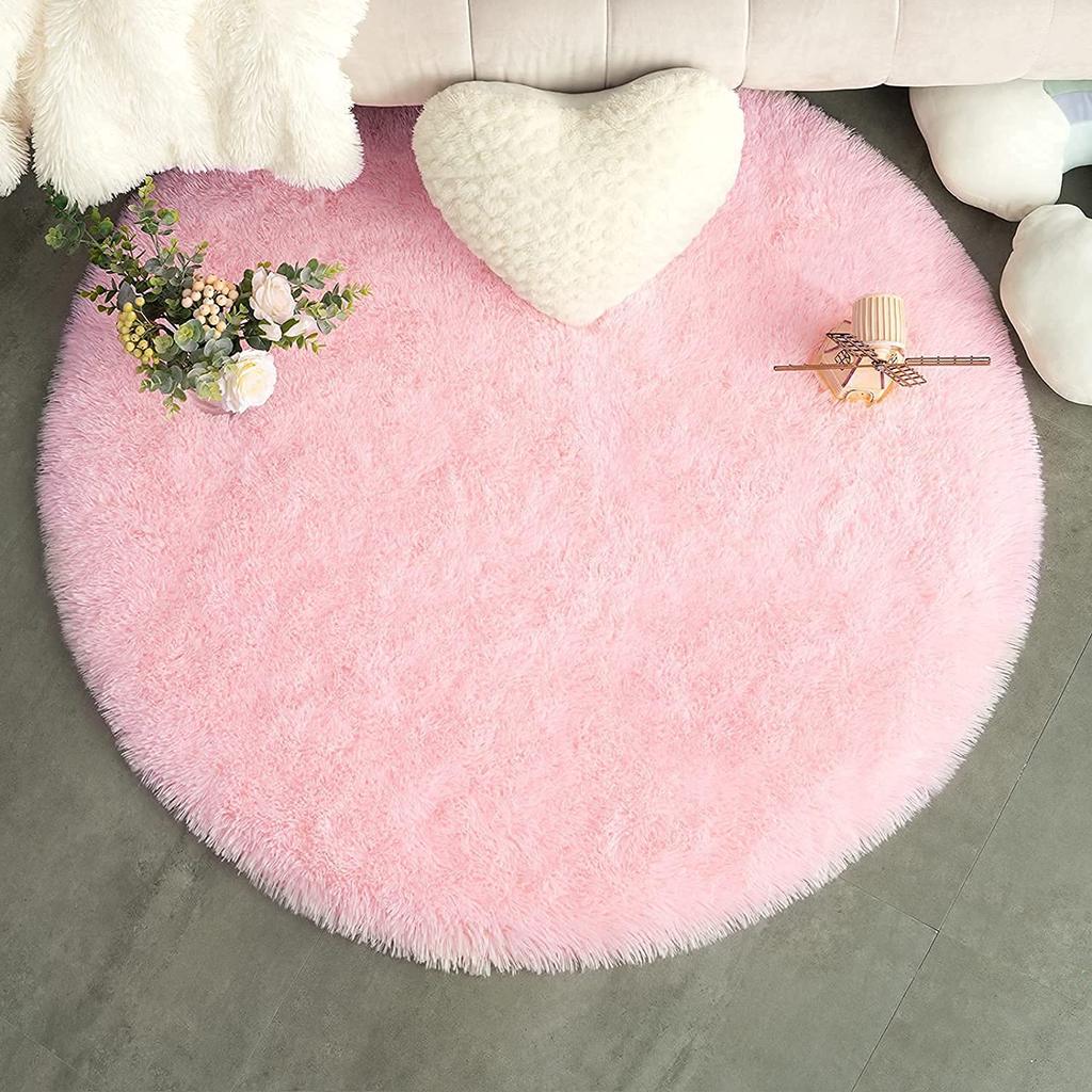 Pink Round Carpet Fluffy Soft Area Floor Mat Children Girls Room Princess Castle Plush Carpet Living Room Home Decor