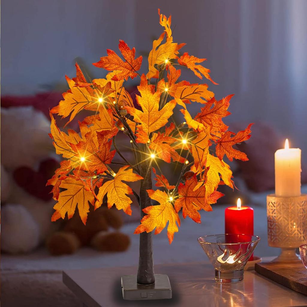 Dazzle Bright 2 Pack 24 Inch Lighted Thanksgiving Fall Maple Tree Decor, 24 LED Battery Operated Decorations Artificial Tree with Timer for Indoor