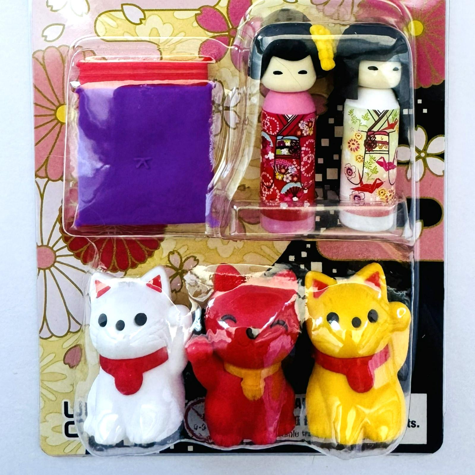 IWAKO Kokeshi Lucky Cat Puzzle Eraser Set Kawaii Japanese Japan