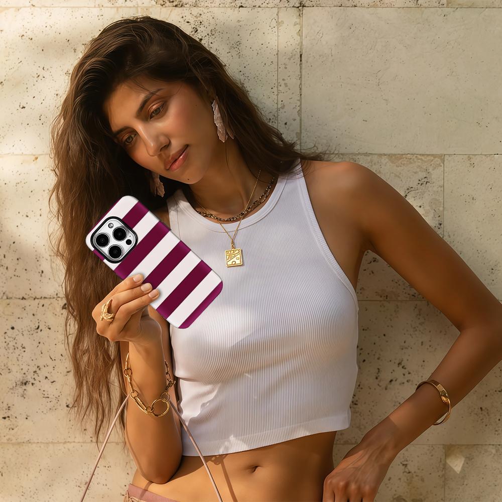 Burgundy White Stripe Phone Case for IPhone 16 15 14 13 12 11 X XS XR XSMAX 7 8 Pro Max Plus Double-layer Back Cover