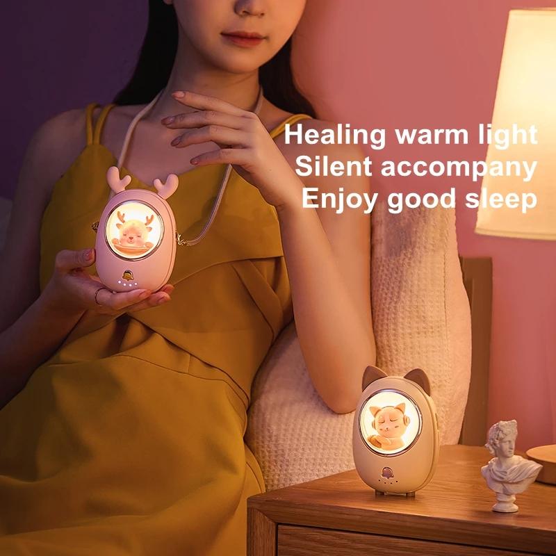 New Cartoon Doll Portable Mini Hanging Neck Fan 1200mAh Rechargeable Handheld Desktop Fan with Healing Ambient Light