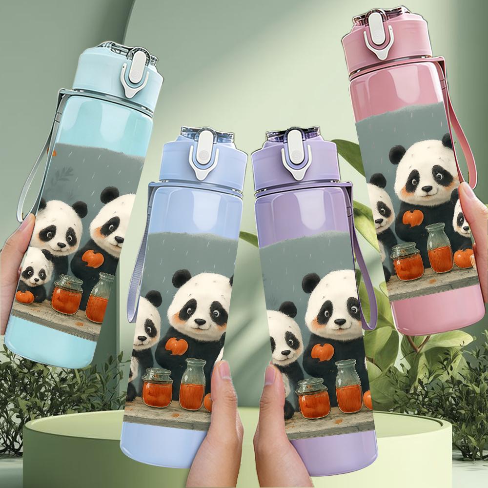 1PZ Gruppo Figure Panda Soffici 750ml Colore Plastica Borraccia Sportiva Tappo a Vite Flip-Top Anti-Goccia Per Sport Ufficio Uso Domestico