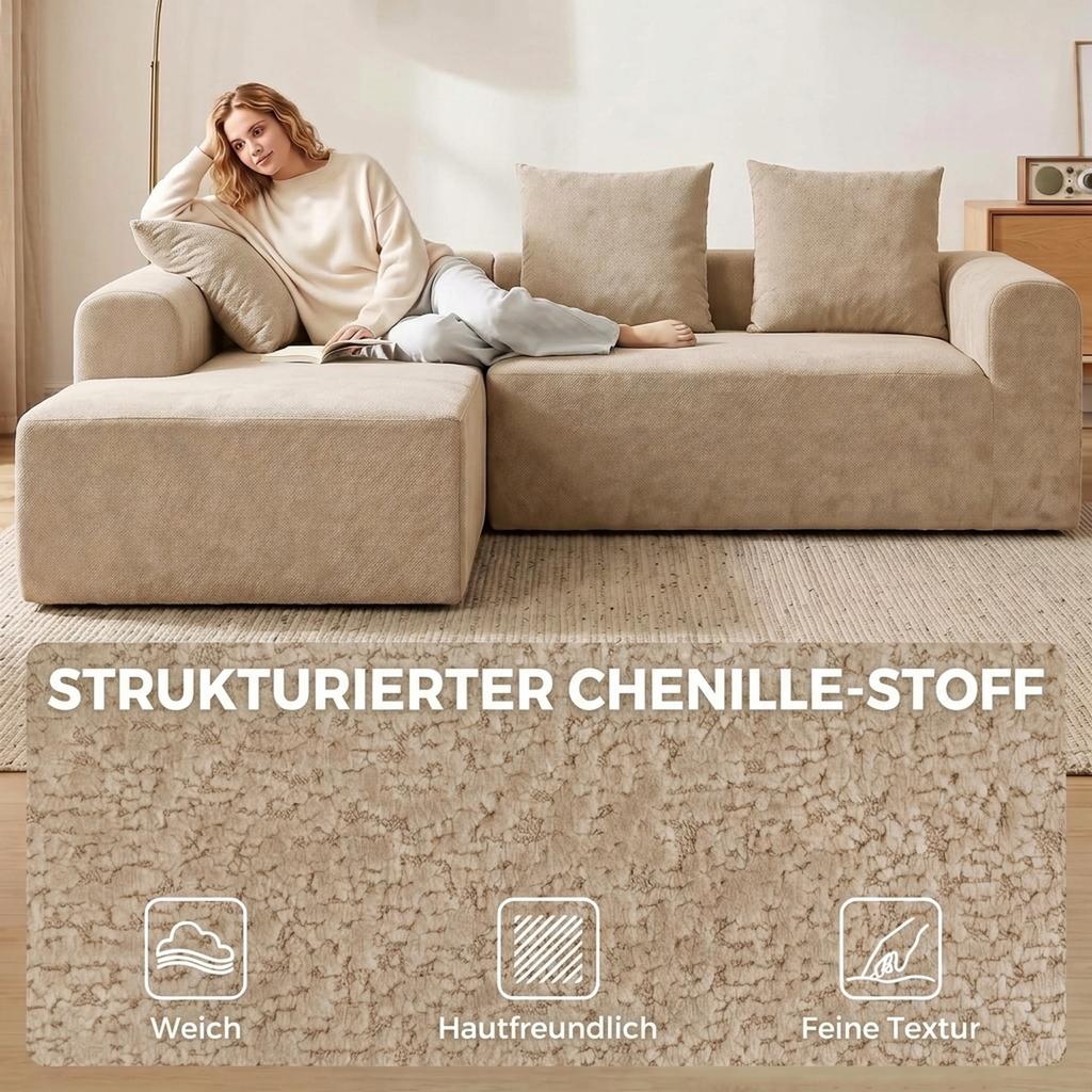 Corner Sofa with Chaise Longue, Frameless L-Shaped Cloud Sofa in Chenille, Deep Seat, Pocket Springs, Beige