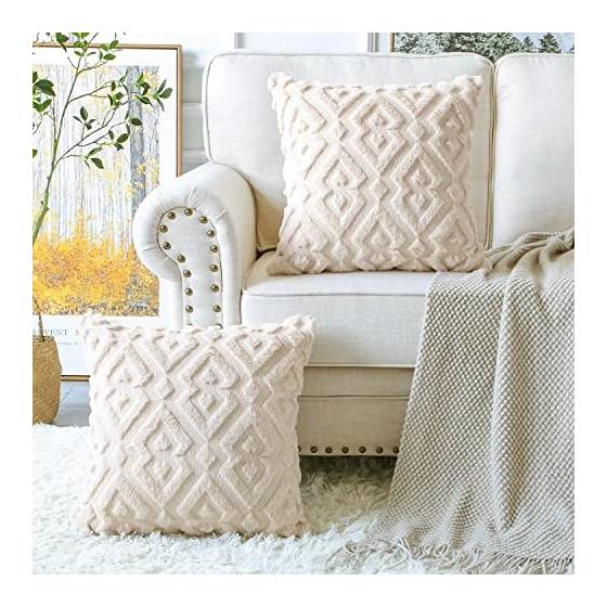 OTOSTAR Cushion Cover 45 45cm Scandinavian Set of 2 Short Wool Velvet Stylish Cute Soft Pattern Diamond Modern Elegant Zipper Interior Sofa Cushion