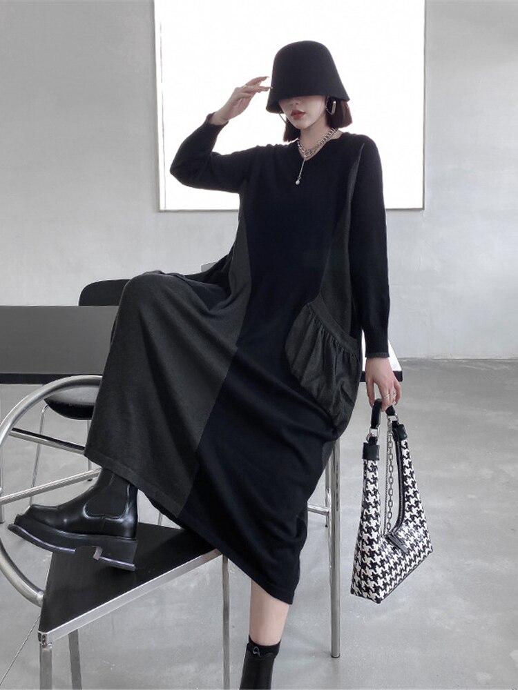 Xitao Vintage šaty Móda Patchwork Hit Barva Plisovaný Menšinový pulovr Volné Elegantní šaty WLD13285