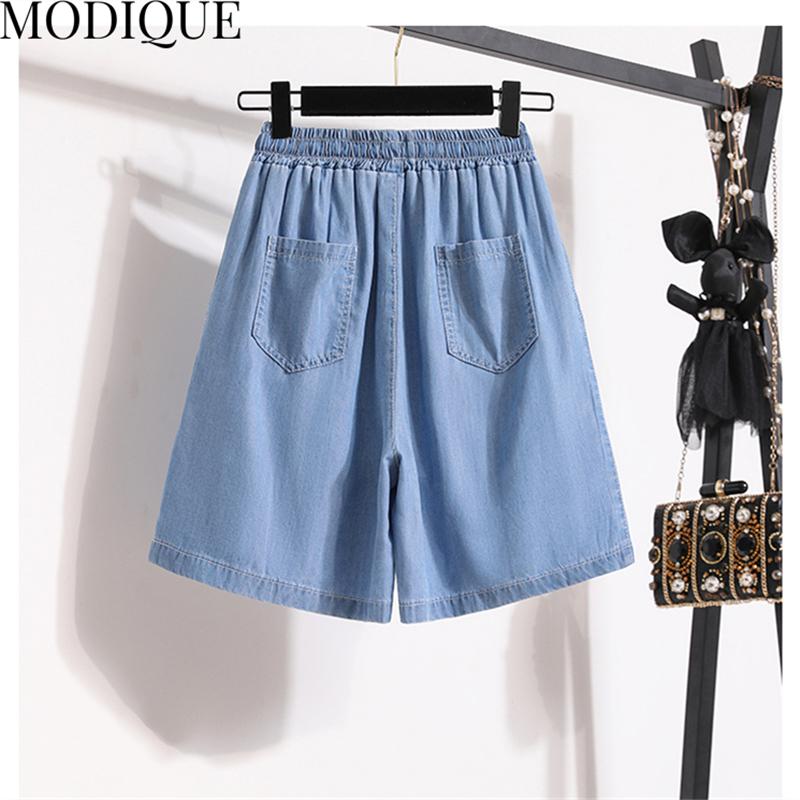 MODIQUE Women's Denim Shorts Summer Plus Size New Loose Casual Solid Color A-Line Denim Short Pant Female High Waisted Hotsweet Blue Trousers Blue