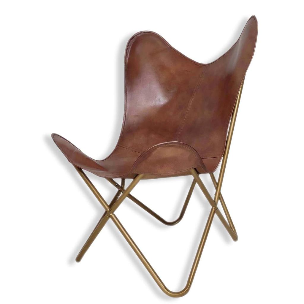 Stylish Recliner Brown Leather Butterfly Chair with Folding Golden Powder Coated Iron Stand