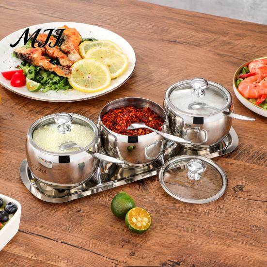 Refillable Condiment Jars 304 Stainless Steel Spice Jar Set, Seasoning Container with Glass Lid & Spoon, Rustproof Kitchen Salt Sugar