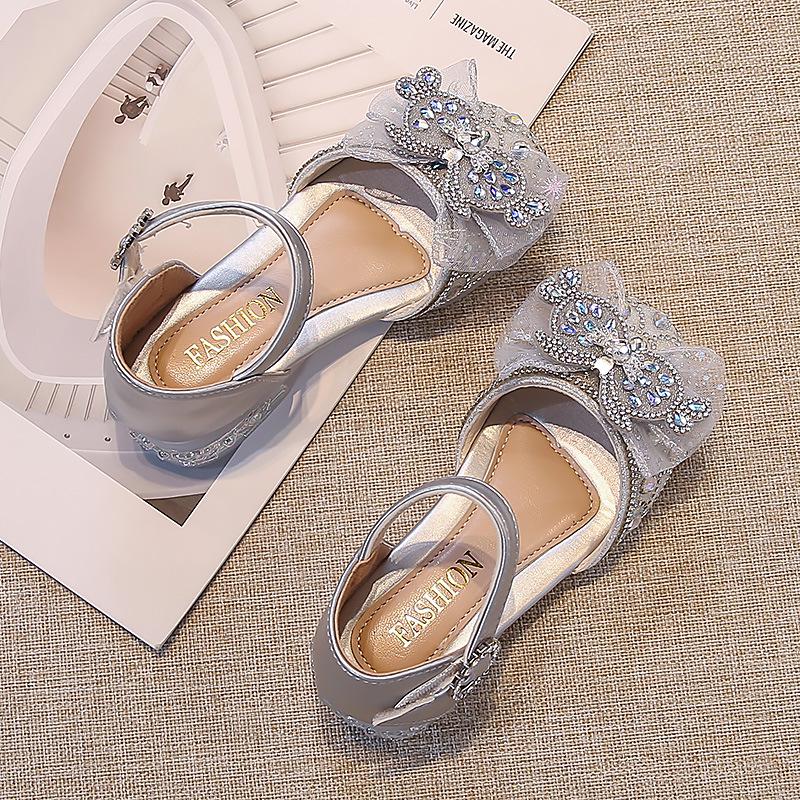 Bow High Heel Girls' Sandals: Summer Closed-Toe Crystal Princess Shoes 2025 - Soft Sole for Comfort