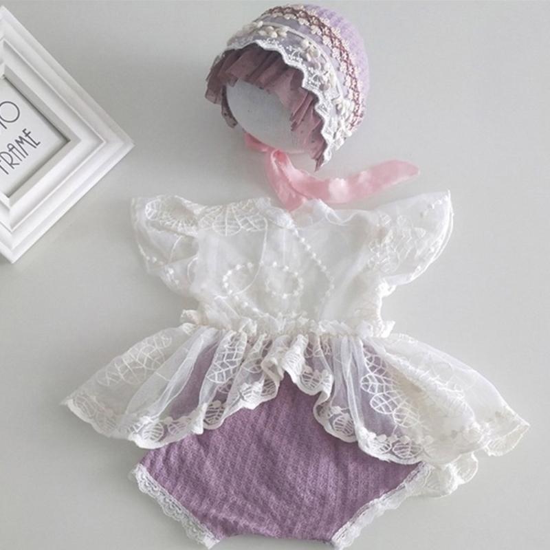 Baby Photography Props Lace Jumpsuits Bonnet Hat Newborns Photo Props Photoshoots Headwear Infant Photo Posing Outfit