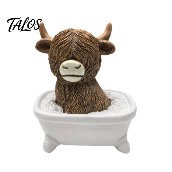Decorative Cow Statue Highland Bathroom Figurine Funny Scottish Cattle Sitting on Toilet Resin Calf Bedroom Animal Ornament Bathing Sculpture for Home