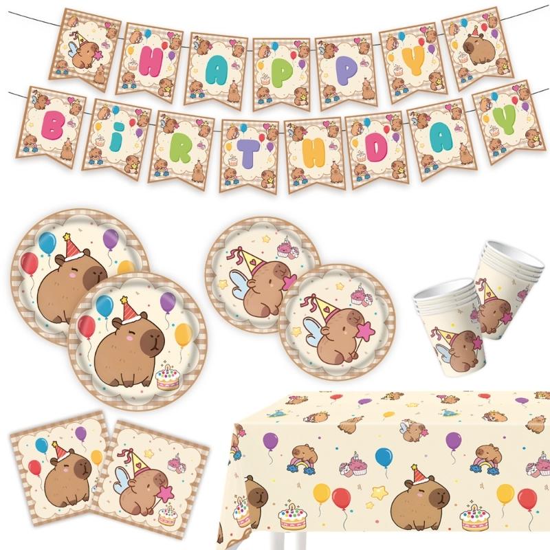 Cartoon Capybara Design Party Cups Flags Tablecloth Dishes Easy Install Accessories For Themed Parties Event