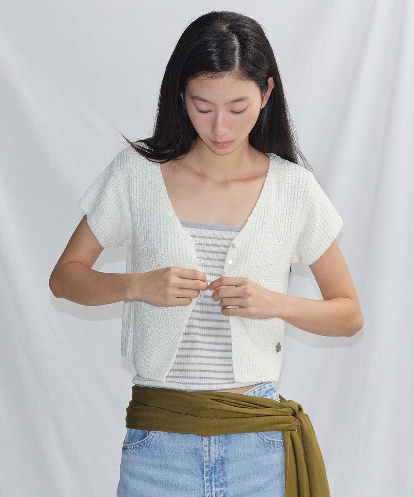 CITYBREEZE V-Neck Short Sleeve Knit Cardigan Set_White