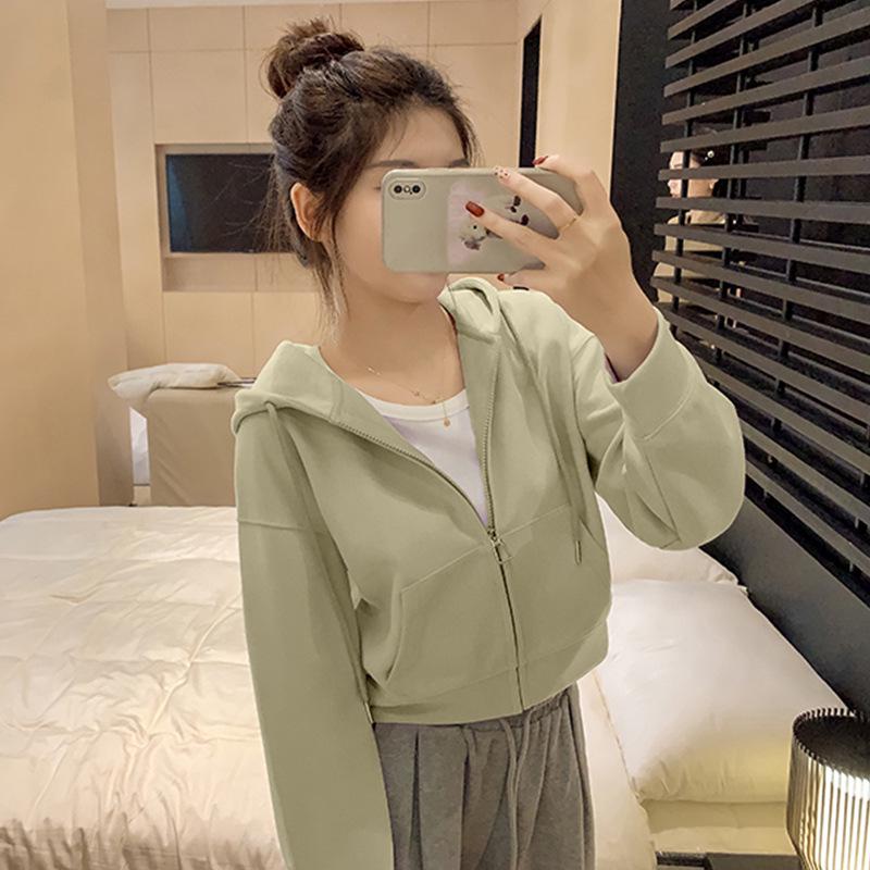 

Женский короткий кардиган с капюшоном в корейском стиле - Приталенная толстовка на молнии для весны и осени 2025 Large