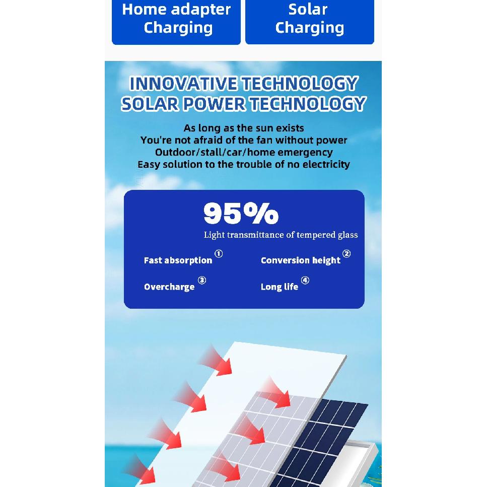 Portable Battery Operated Solar Fan Rechargeable for 6-24 Hours Use Ideal for Camping Patio Fishing with USB Output