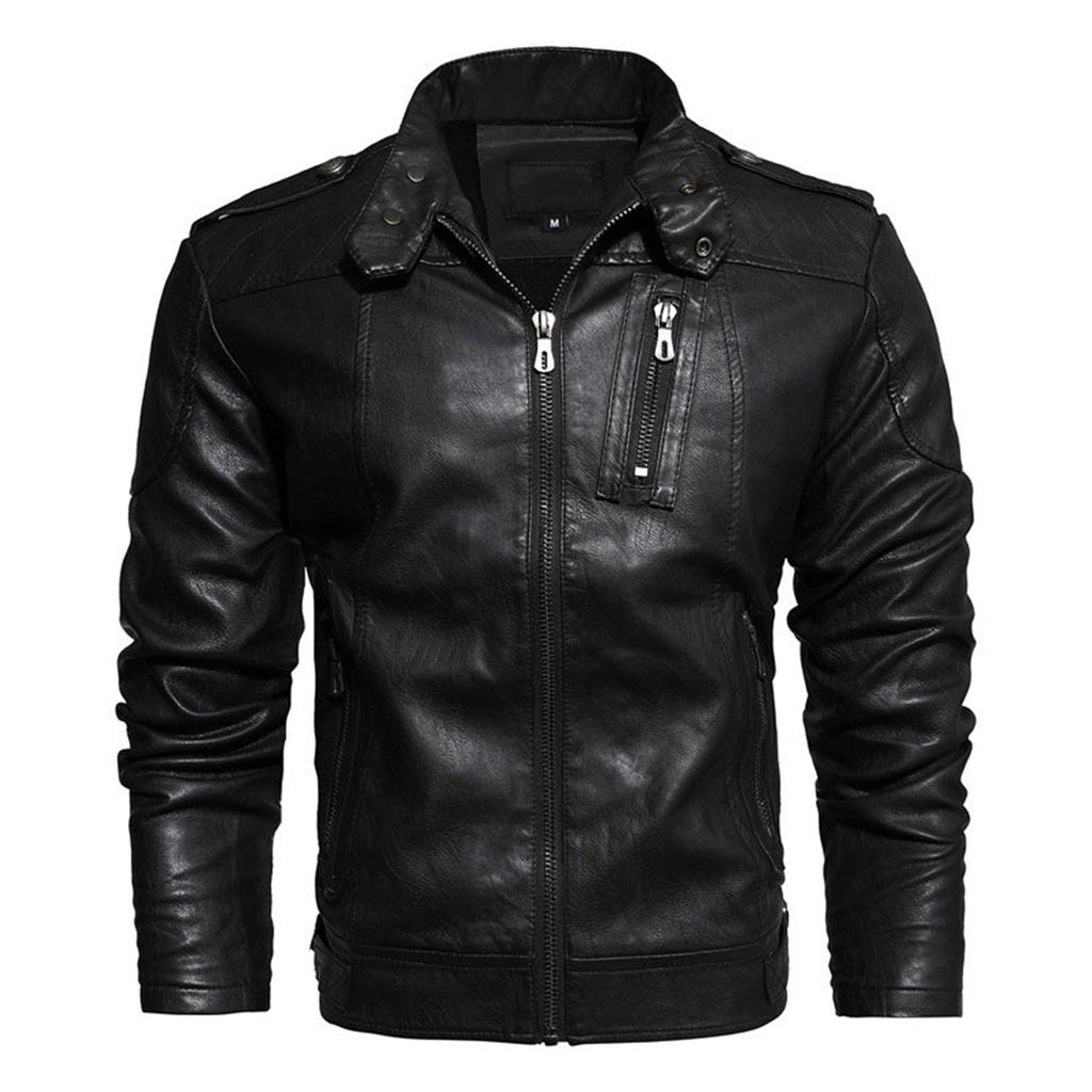 Men's Retro Motorcycle Leather Jacket Stand Collar Slim Fashion Plush Leather Jacket