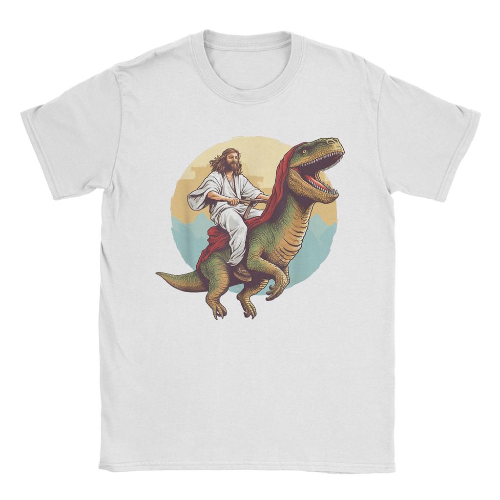 Summer Jesus Riding a Dinosaur Meme Fashion TShirts 100 Cotton Tee Shirt for Unisexs Awesome Plus Size Short Sleeve Top Tees