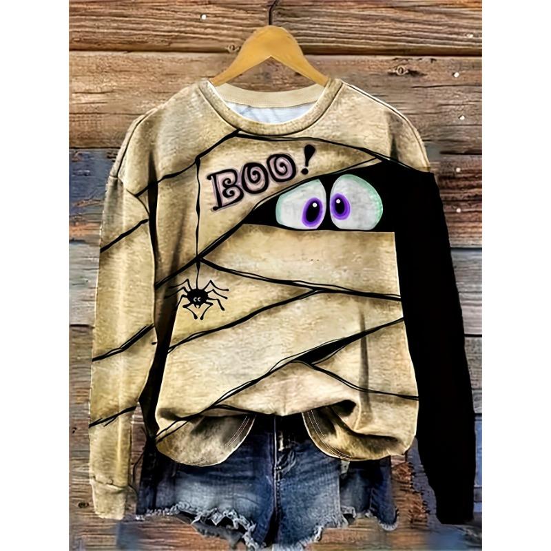 Vintage Women's Long Sleeve T-shirts Halloween Theme Witch Pattern Streetswear Polyester Tops Casual Pullover Women's Clothing