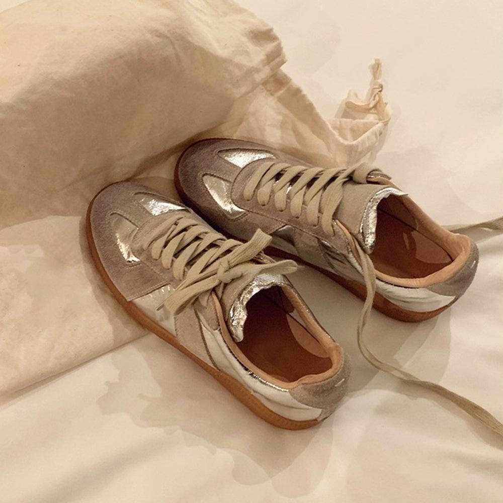 

[sheii Су Иинь] Обновленная версия~ м * 6 цветов, сочетание старой коровьей кожи, повседневная спортивная обувь для моральной подготовки, женские кеды 40 серебряный