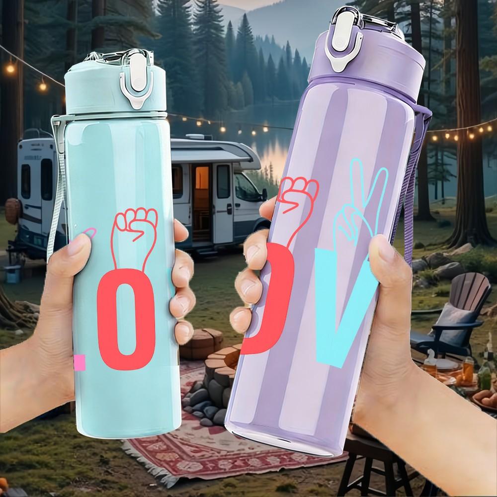 1PC Love Fingers Color Letter 750ml Color Plastic Sports Water Bottle Leakproof Flip Straw Lid Suitable for Sports Office Home Use