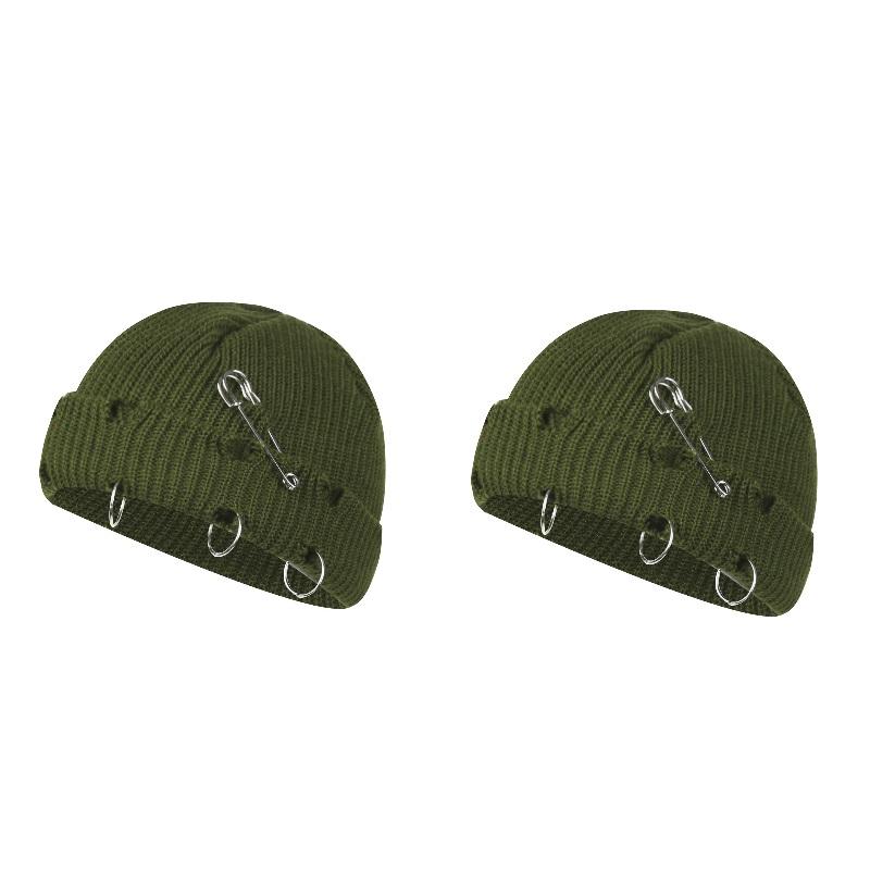 Women Girls Y2k Gothic Beanie Winter Knit Hats Trendy Metal Rings Pin Hip Hop Streetwear Harajuku Skull Cap Emo Scene Grunge