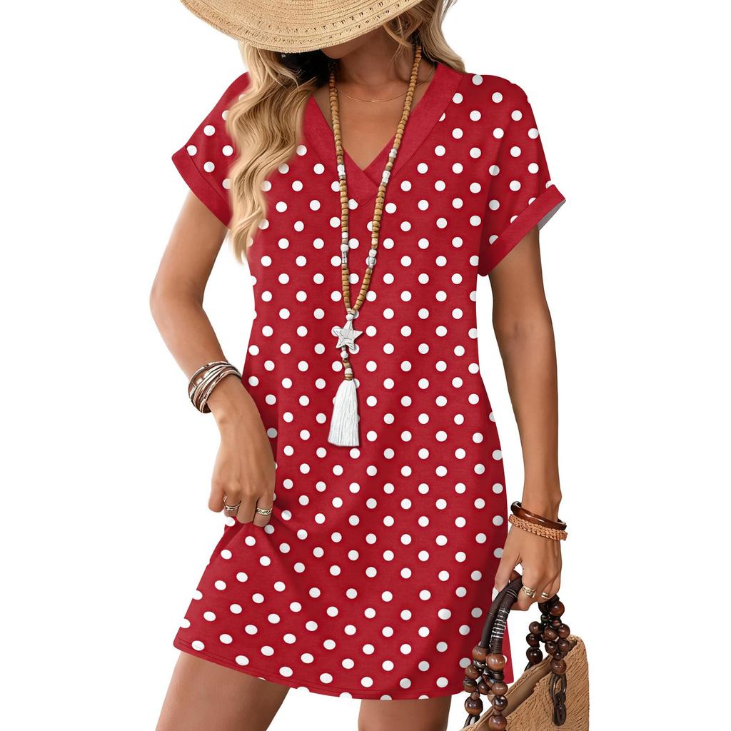 Women's Fashion Print V-Neck Short Sleeve Pocket Casual Pullover Dress