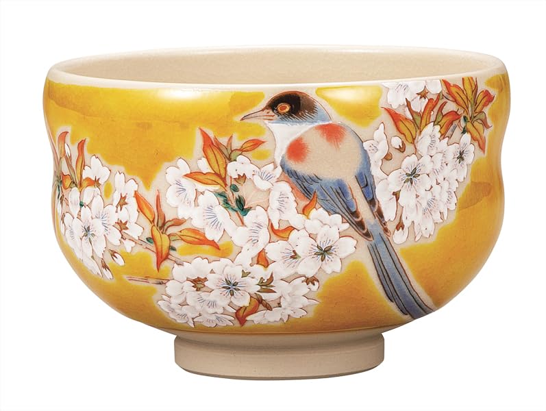 Kutani Ware Iwataya Matcha Bowl, Yoshidaya Mountain Cherry Blossom and Bird Design, K9-872