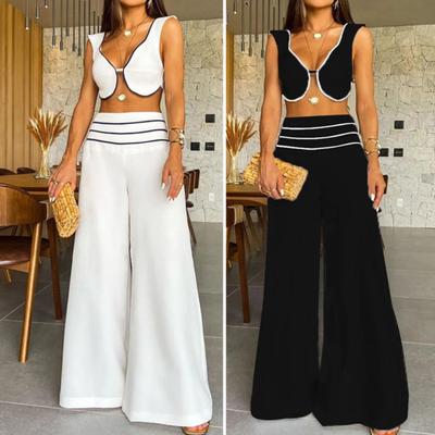 2 Pcs/Set Women Crop Top Pants Suit Low-cut V Neck Sleeveless High Waist Wide Leg