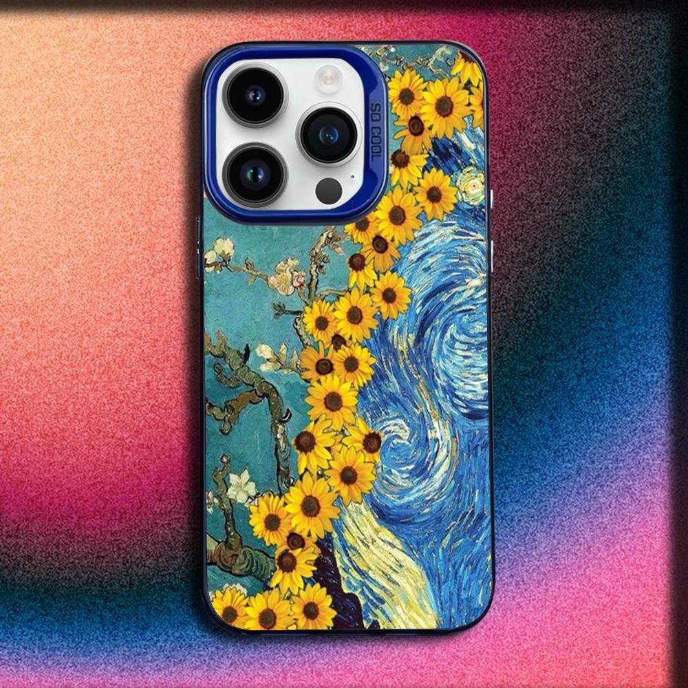 V-Van Gogh Starry Night Sunflower Cat Phone Case For iPhone 16,15,14,13,12,11,Mini,Pro,E,MAX Blue Matte Silicone Cover