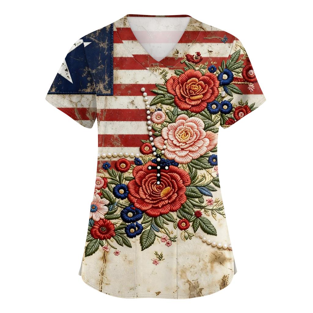 Damen Kurzarm Unabhängigkeitstag Aufdruck V-Ausschnitt Tasche Arbeitskleidung Oberteil