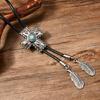 Men Women Western Cowboy Bolo Tie Vintage Floral Stone Pendant Jewelry Leather Rope Necktie Tie Metal Feathered Necklace