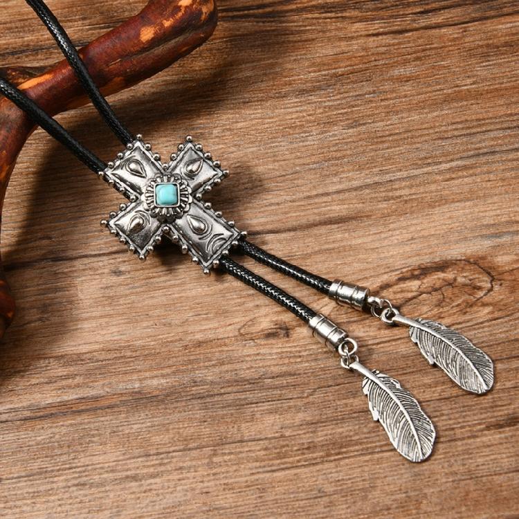 Men Women Western Cowboy Bolo Tie Vintage Floral Stone Pendant Jewelry Leather Rope Necktie Tie Metal Feathered Necklace