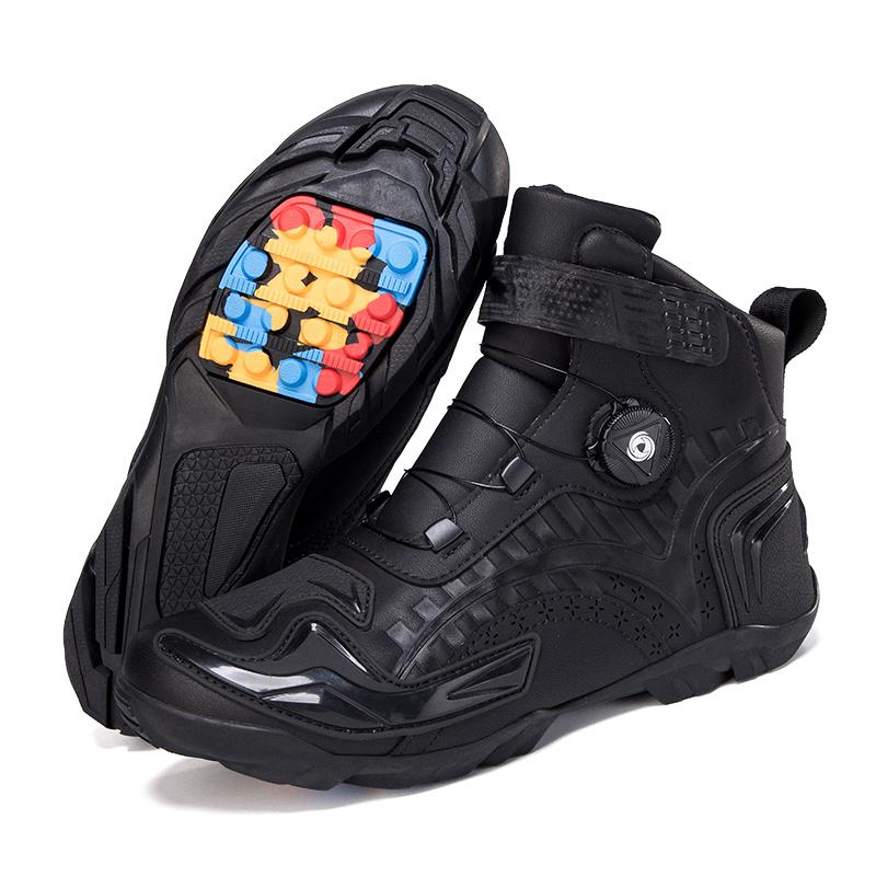 Unisex Leather Motorcycle Boots Large Size Rotation Button Anti -slip Anti -collision Competition Riding Shoes