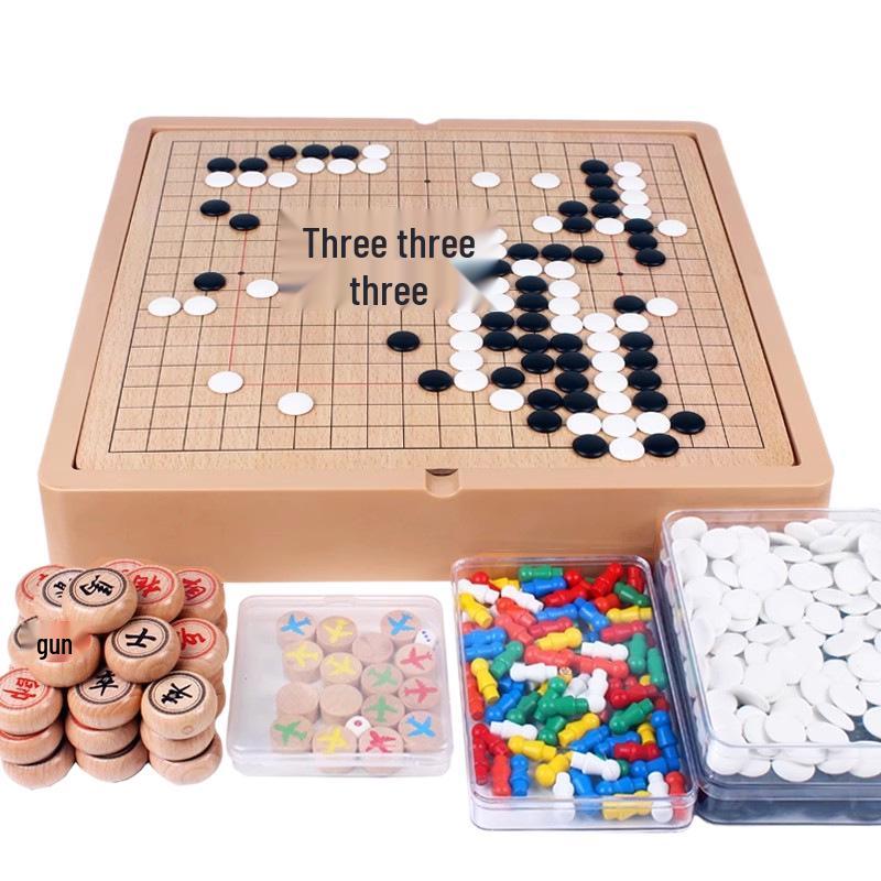 Educational Multifunctional Wooden Board Game Set: Go, Five-in-a-Row, Checkers, and Ludo for Kids