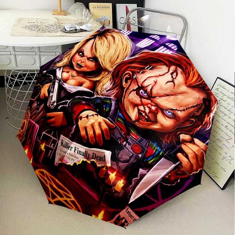 Love And Horror Doll Pattern Automatic Folding Umbrella - 8-Rib Travel Umbrella with Auto Open/Close & Portable Gifts for Holidays or Birthdays