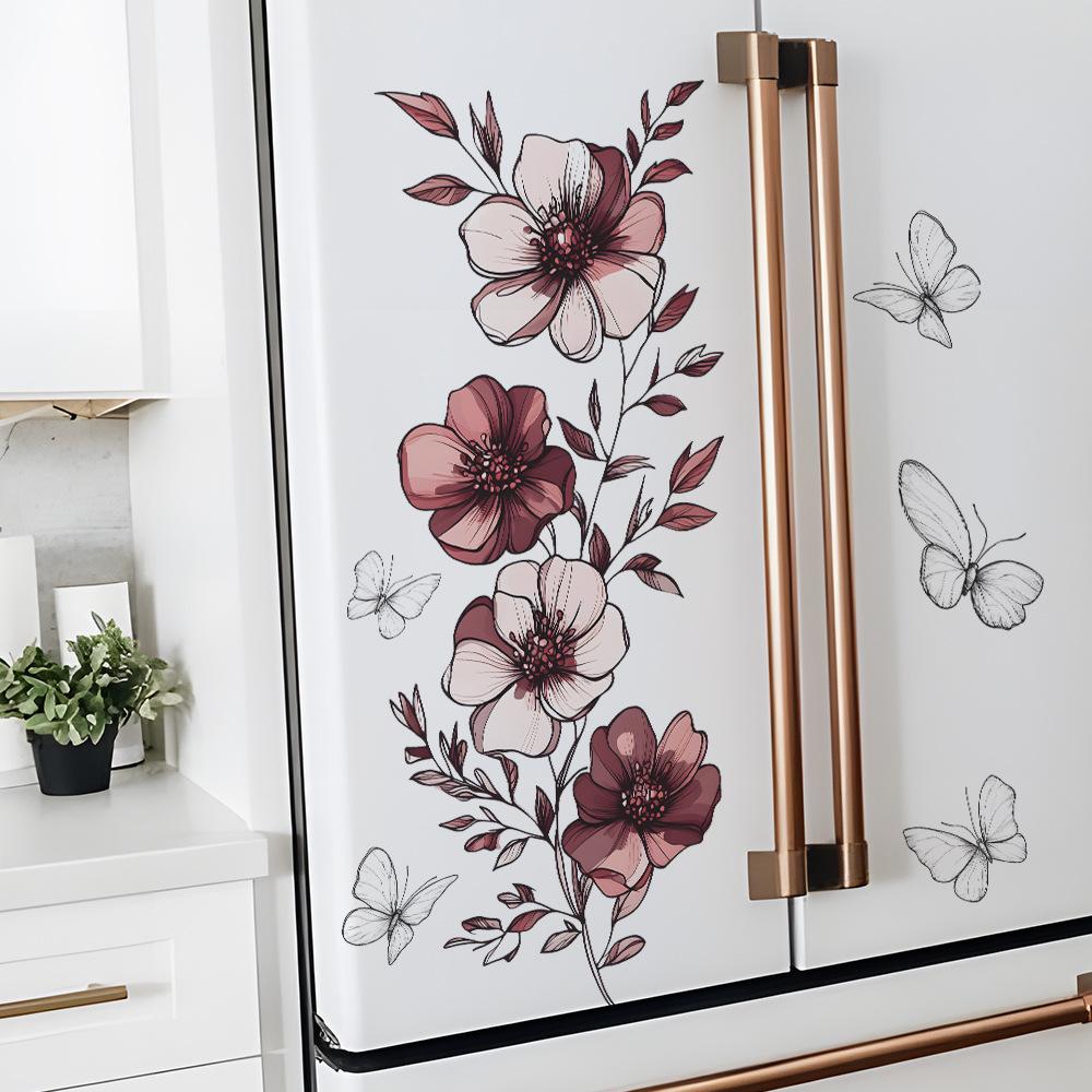 Simulated Floral Line Art Butterfly Wall Sticker Self-Adhesive Removable Bedroom Living Room Hallway Home Decor