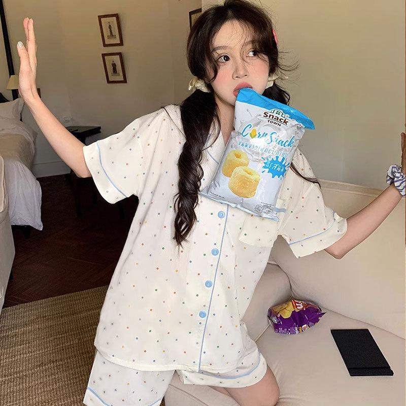 GMXIA High-quality Cotton-like Cute Cardigan Short-sleeved Student Pajamas for Women, Sweet Summer Style for Women's Home Wear