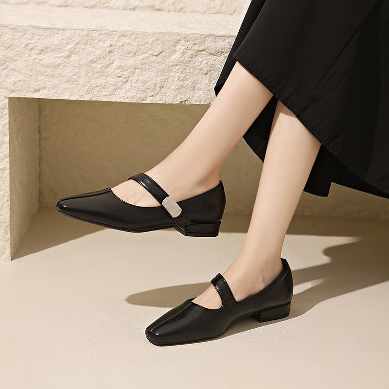 2026 New Leather Mary Janes  French Vintage Pointed Toe Pumps Chunky Heel Single Strap Shoes Buckle Decor
