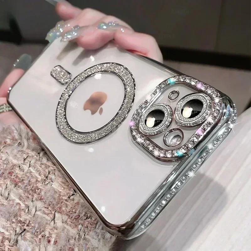 Clear Bling Crystal Phone Case For iPhone 16 15 14 11 12 13 Pro Max Plus For Magsafe Magnetic Wireless Charging Lens Film Cover