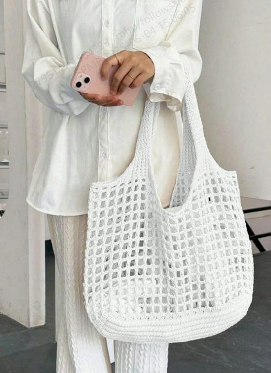 2026 Unisex Large Knitted Tote: Simple, Stylish, Spacious Beach Vacation Handbag for Women белый